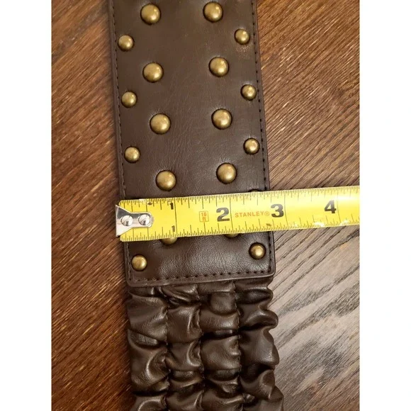 Womens L/XL Chocolate Ruched Elastic Cinch Wide Belt Brass Hook Art Deco Studded - Picture 6 of 14